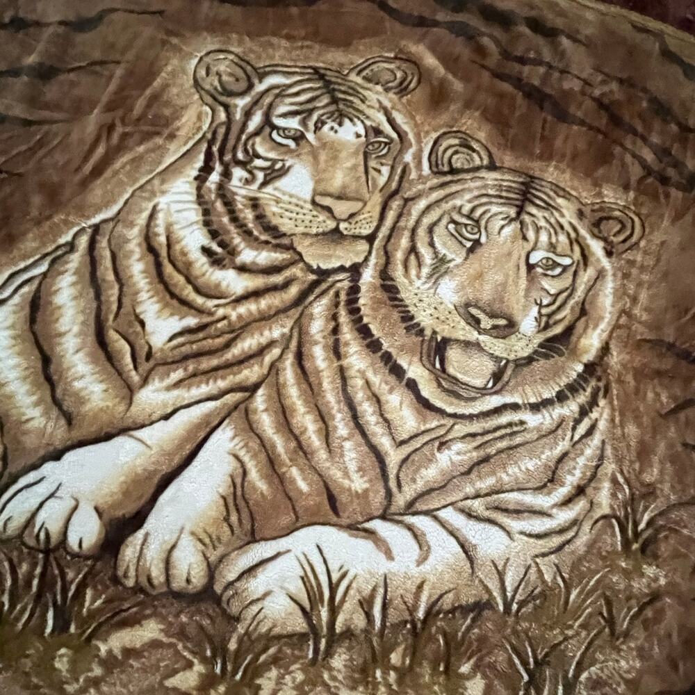 Vintage Queen Tiger Animal Plush Acrylic Korean Mink Reversible Blanket Sz 89x77 - Picture 14 of 16